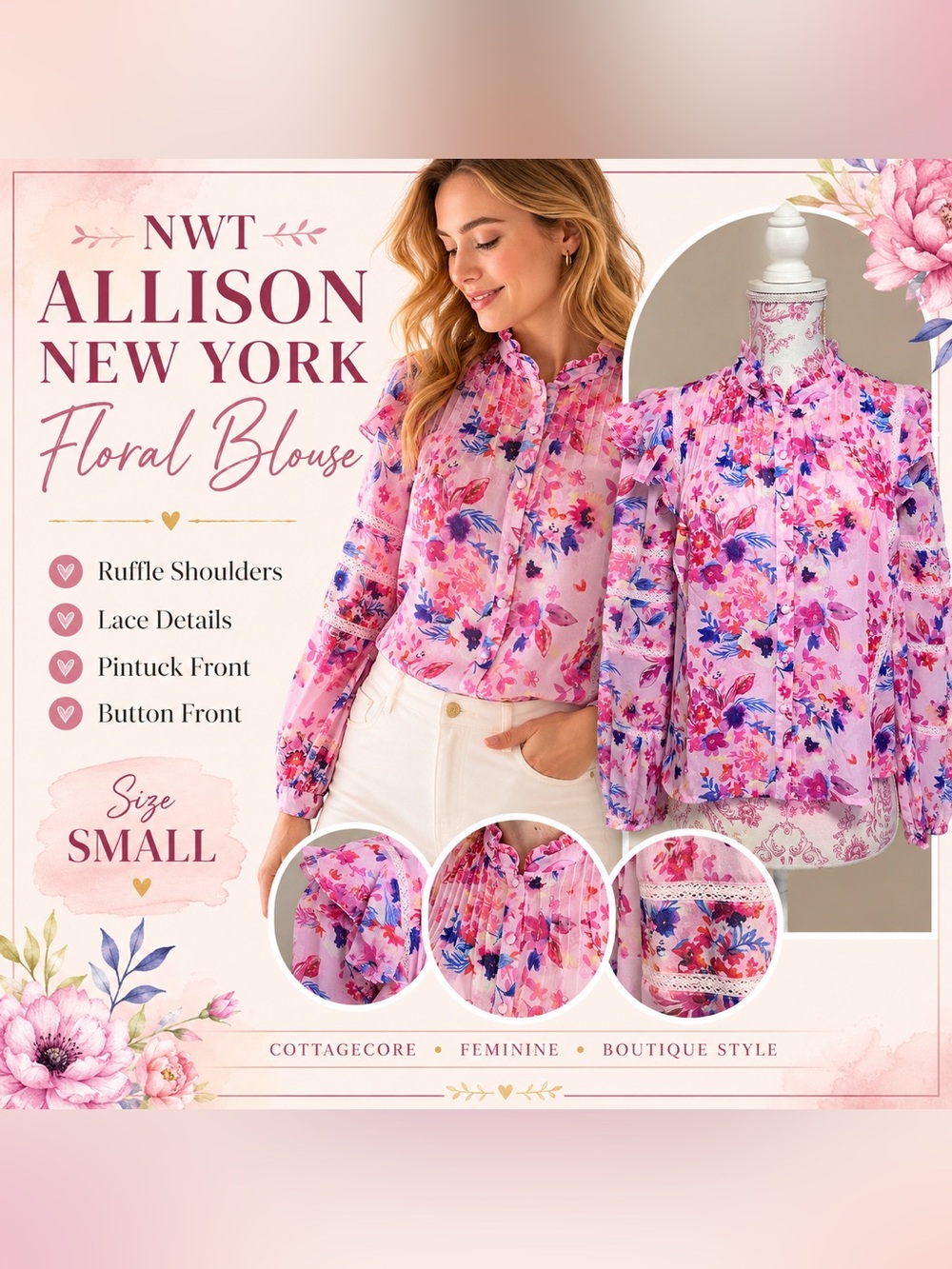 NWT Allison New York Pink Floral Ruffle Blouse Small Romantic Cottagecore Top
